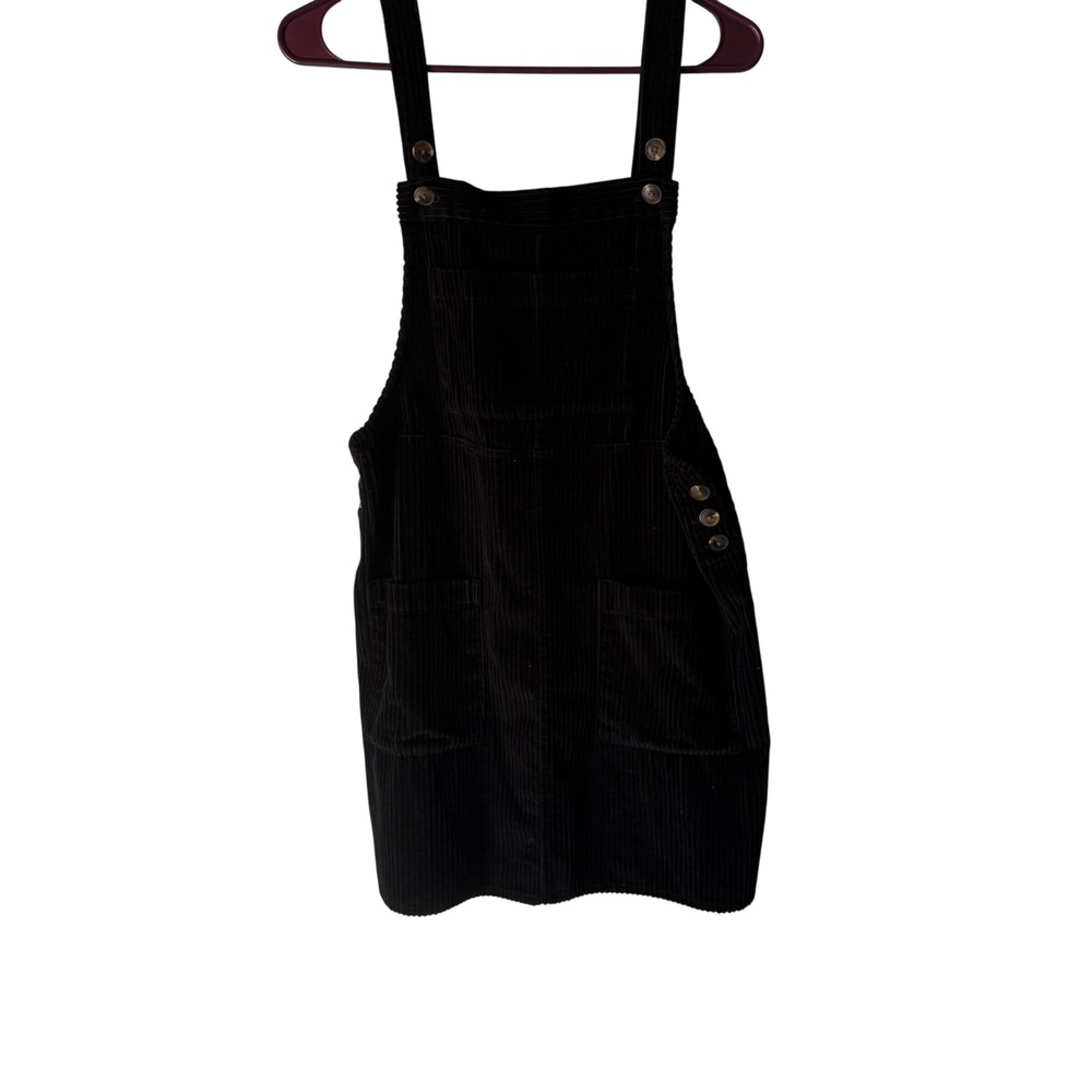 Black Corduroy Pinafore Dress Mini Overall Skirt Buttons Pockets Size M Academia